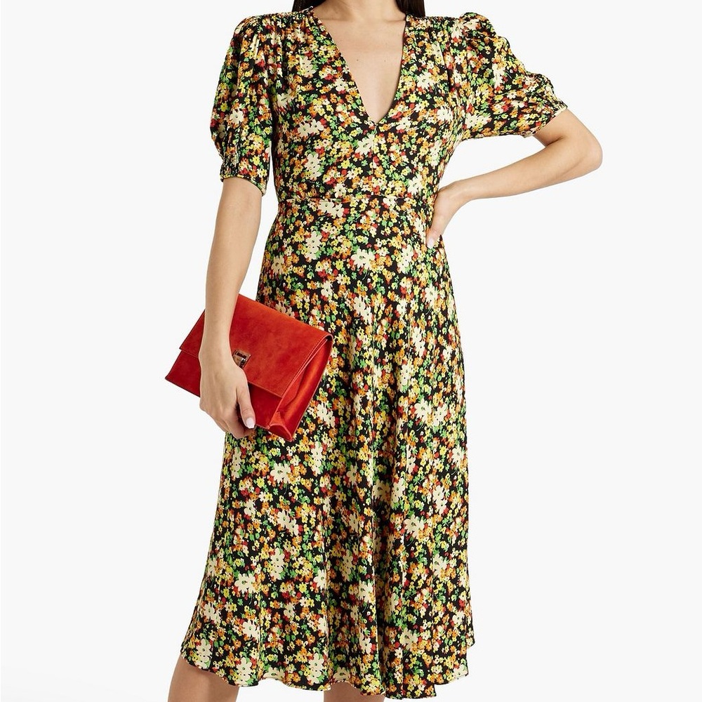 MARNI sz US 4 (40) Floral Print Dress V Neck Crepe Midi Puff Short Sleeves Italy
